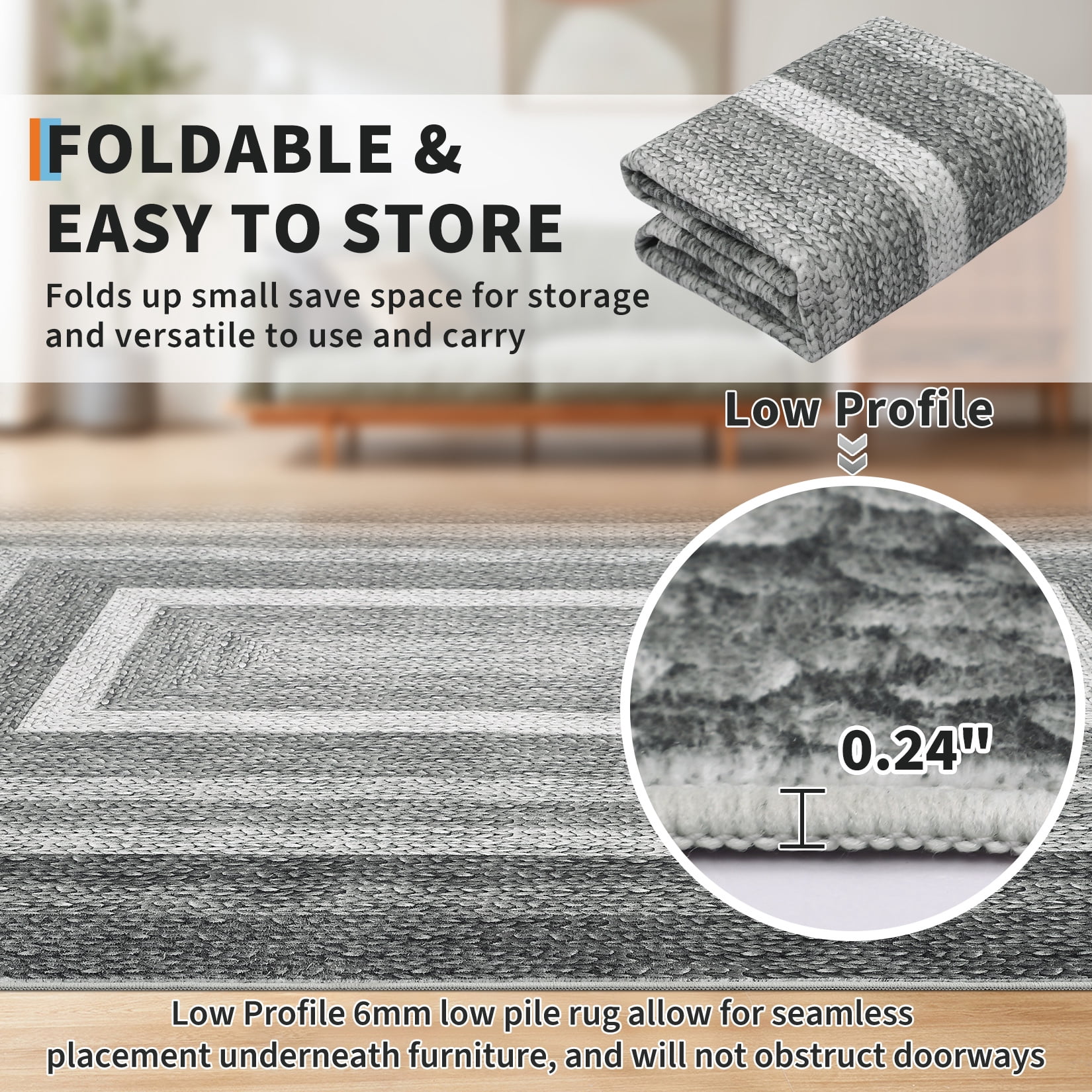 HOMERRY Washable Throw Rug for Living Room 6' x 9' Braided Print Modern Bordered Soft Non-Slip Indoor Carpet, Gray