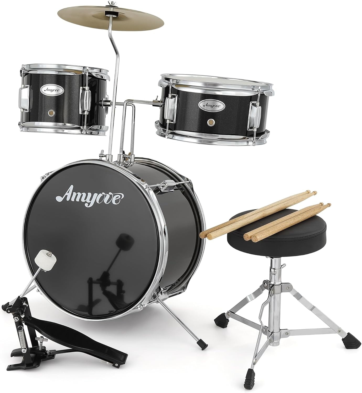 Senfot 3-Piece Drum Set with Cymbal, Tom, Bass Drum, Drumsticks, Bass Pedal & Stool, Beginner Kit, Black