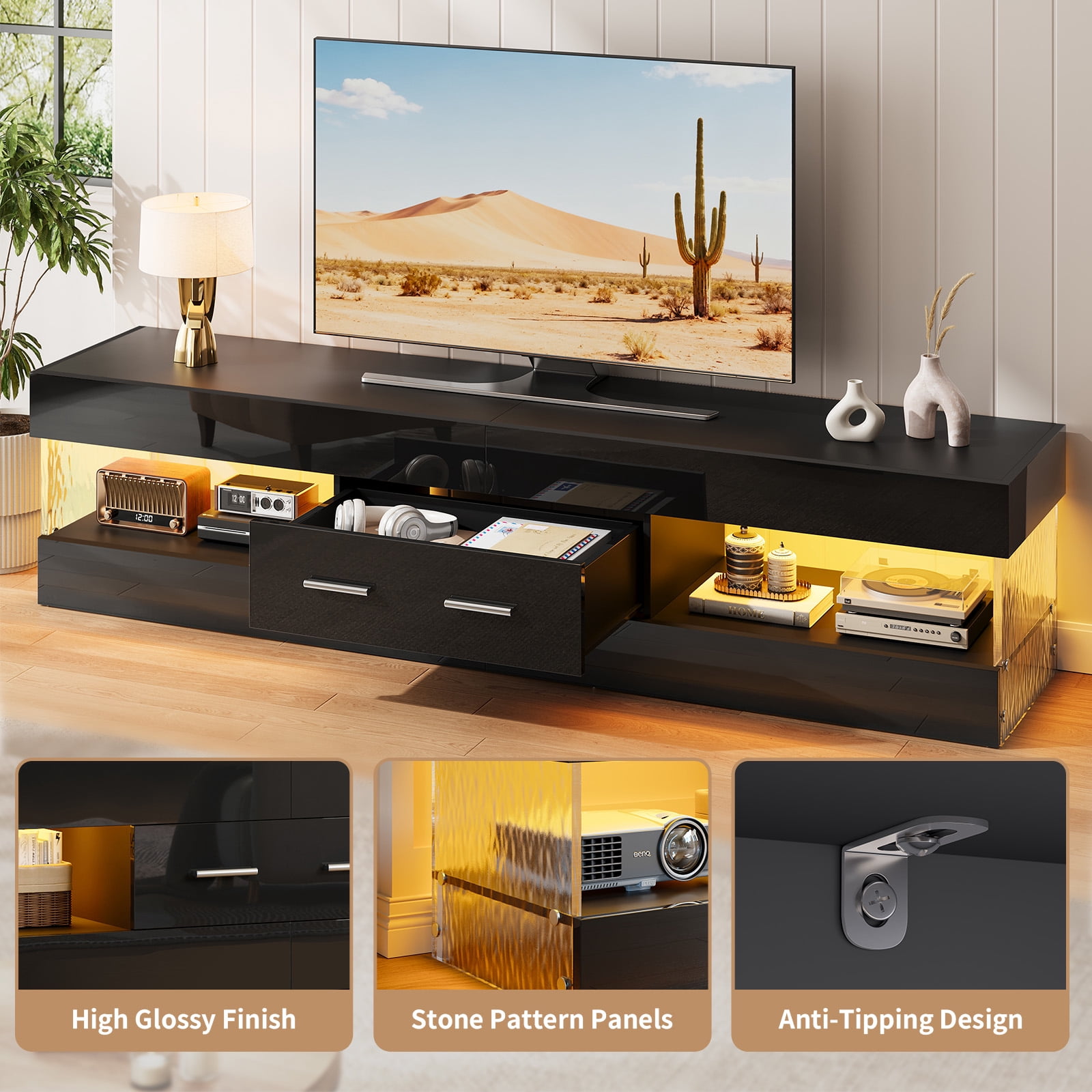 Bestier Black TV Stand for TVs up to 75", Modern Entertainment Center for TVs with LED Light, High Gloss TV Console Table with Storage Drawers