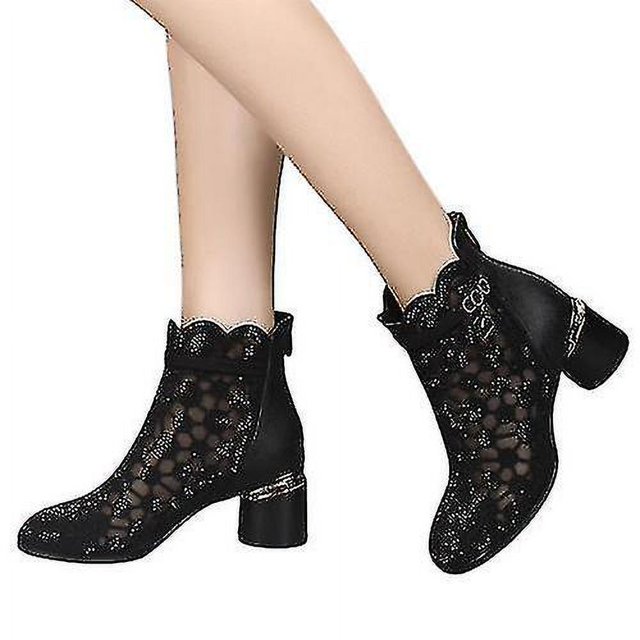 Botas de tobillo de tacón grueso de moda para mujer Sandalias de malla Botas huecas