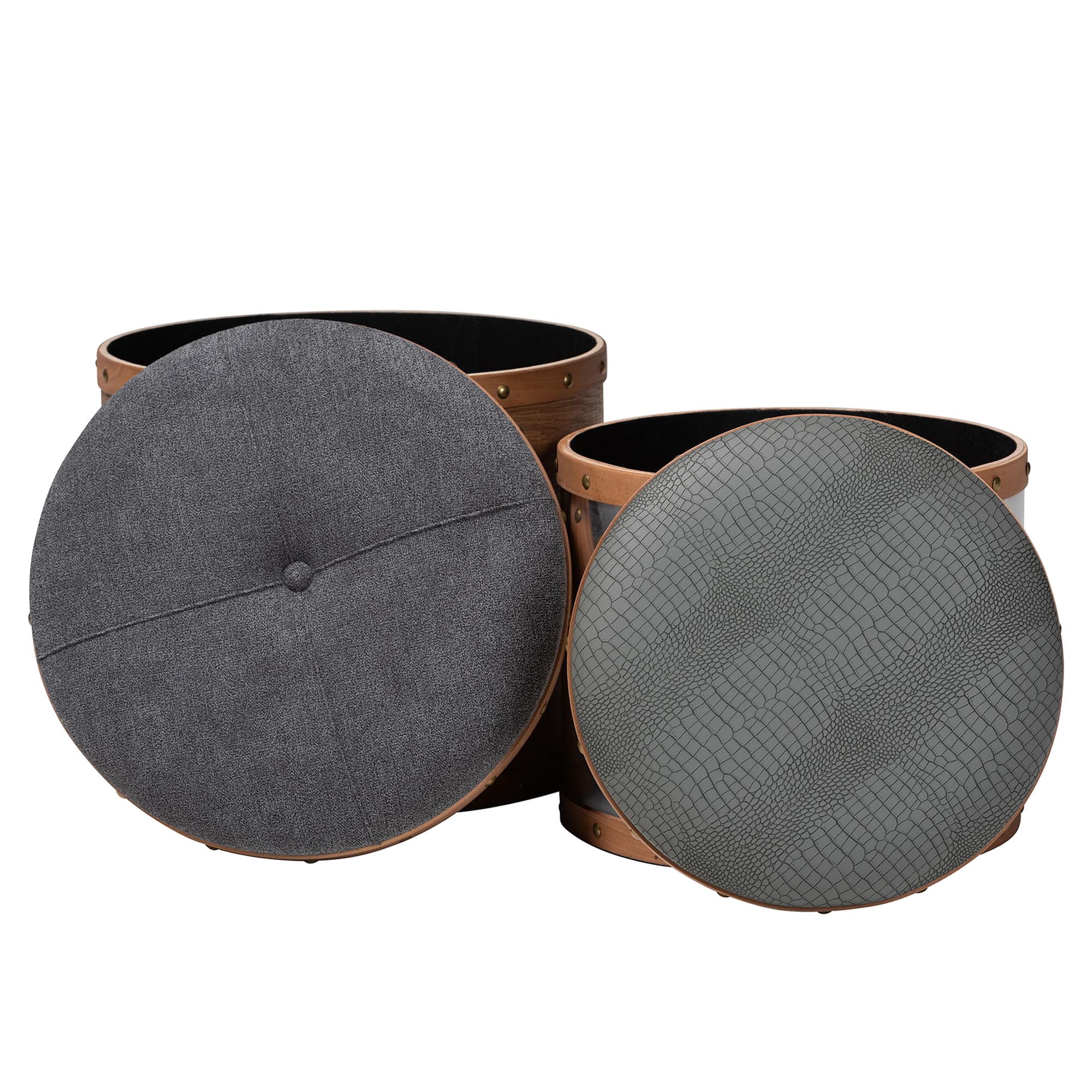 Baxton Studio Caleb Modern Grey Fabric and Alligator Faux Leather 2-Piece Storage Ottoman Set