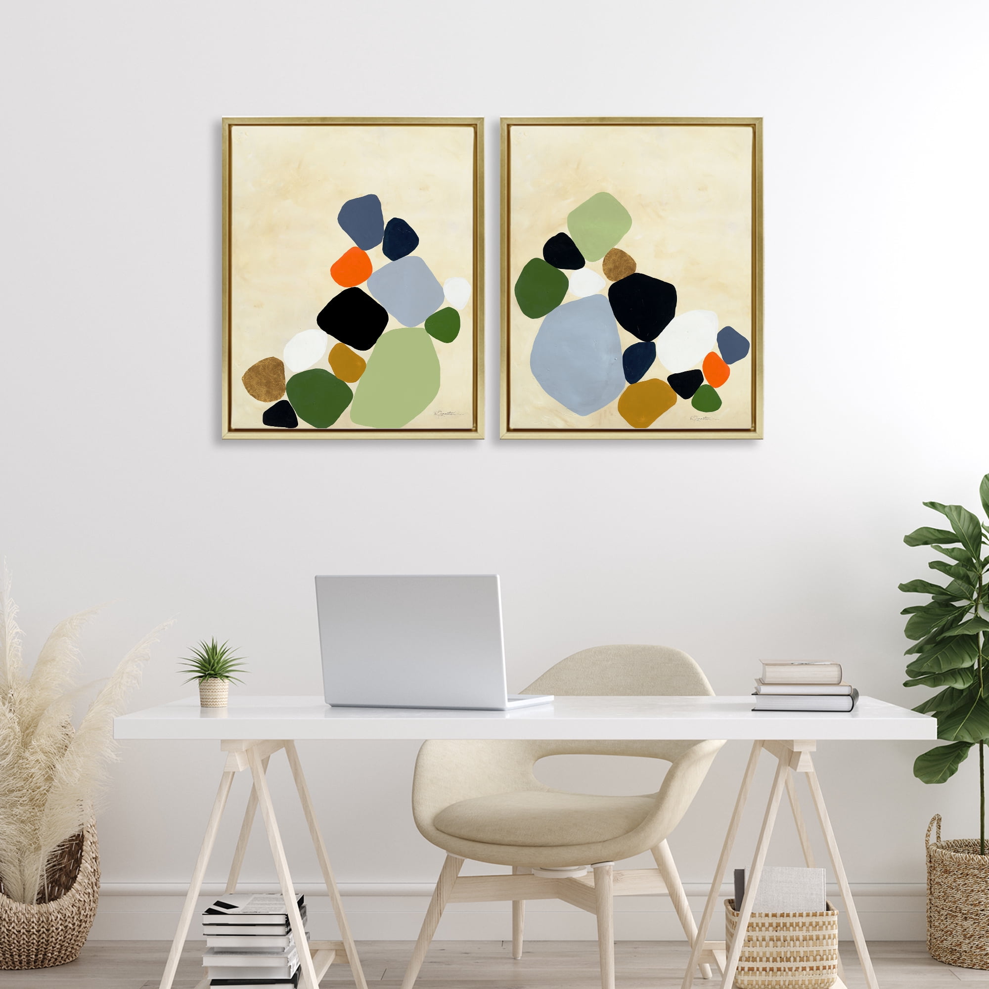 Stupell Industries Curved Clusters of Pebbles 2 Piece Gold Framed Floater Canvas Set, design by Ruth Fromstein