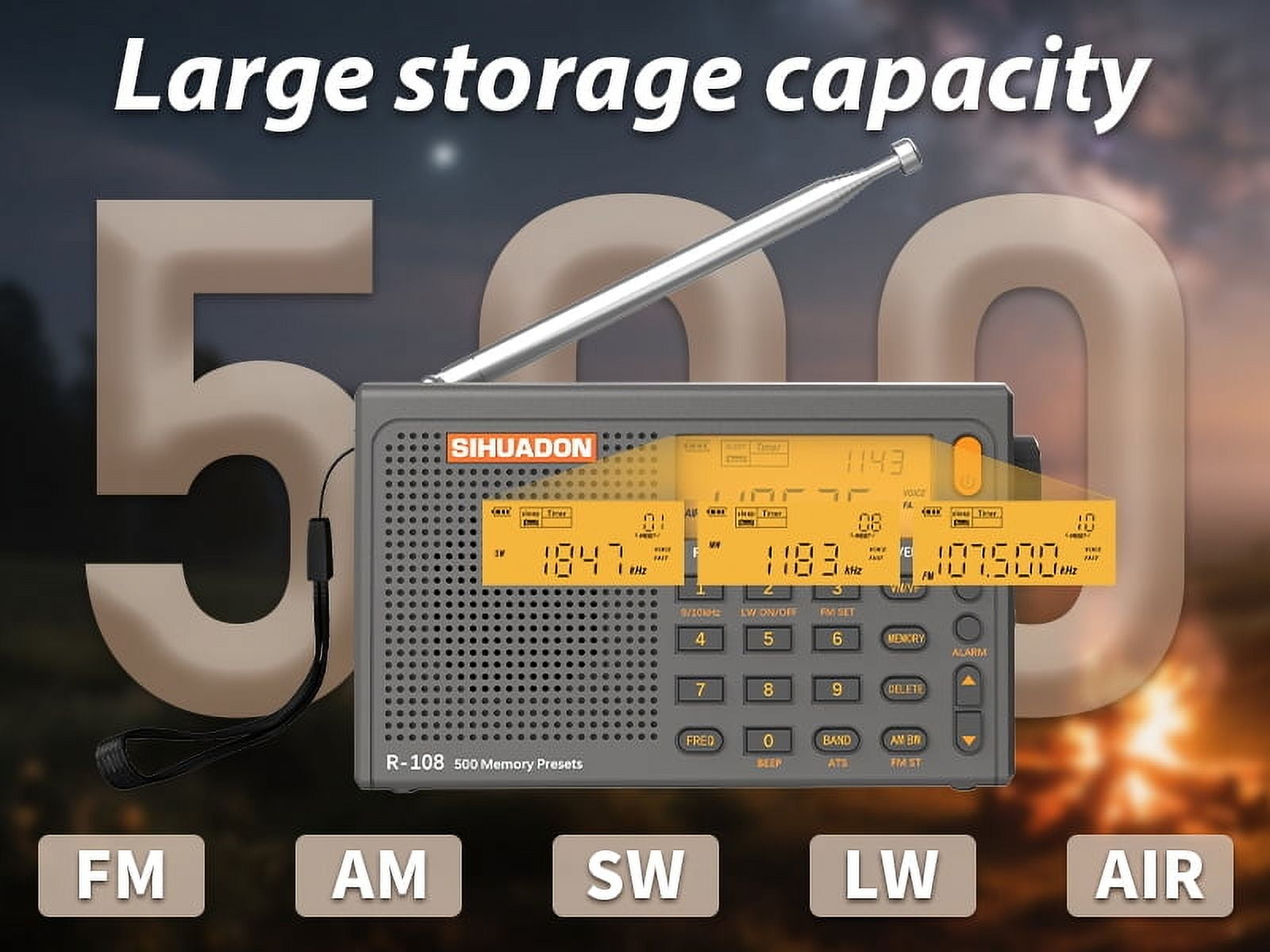 SIHUADON R-108 (Gray) FM Stereo/SW/MW/LW/Airband DSP Portable Digital Shortwave Radio, Easy to operate for Family and Outdoor