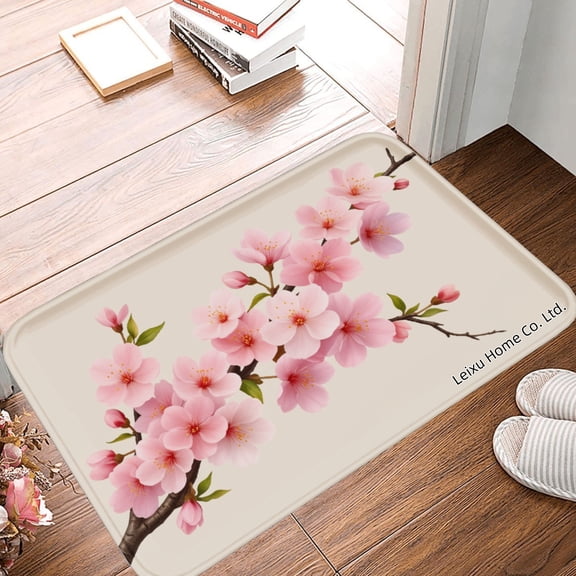 FJPT Non Slip Flannel Polyester Floor Mat Cherry Blossom Design For Bathroom Kitchen Bedroom Decor 16x24 inch