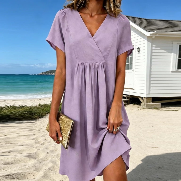 YuXingFu Womens Cotton Summer Dresses Casual Mid-Length V-Neck Plus Size Womens Dress Short Sleeve Solid Color Casual Summer Purple L