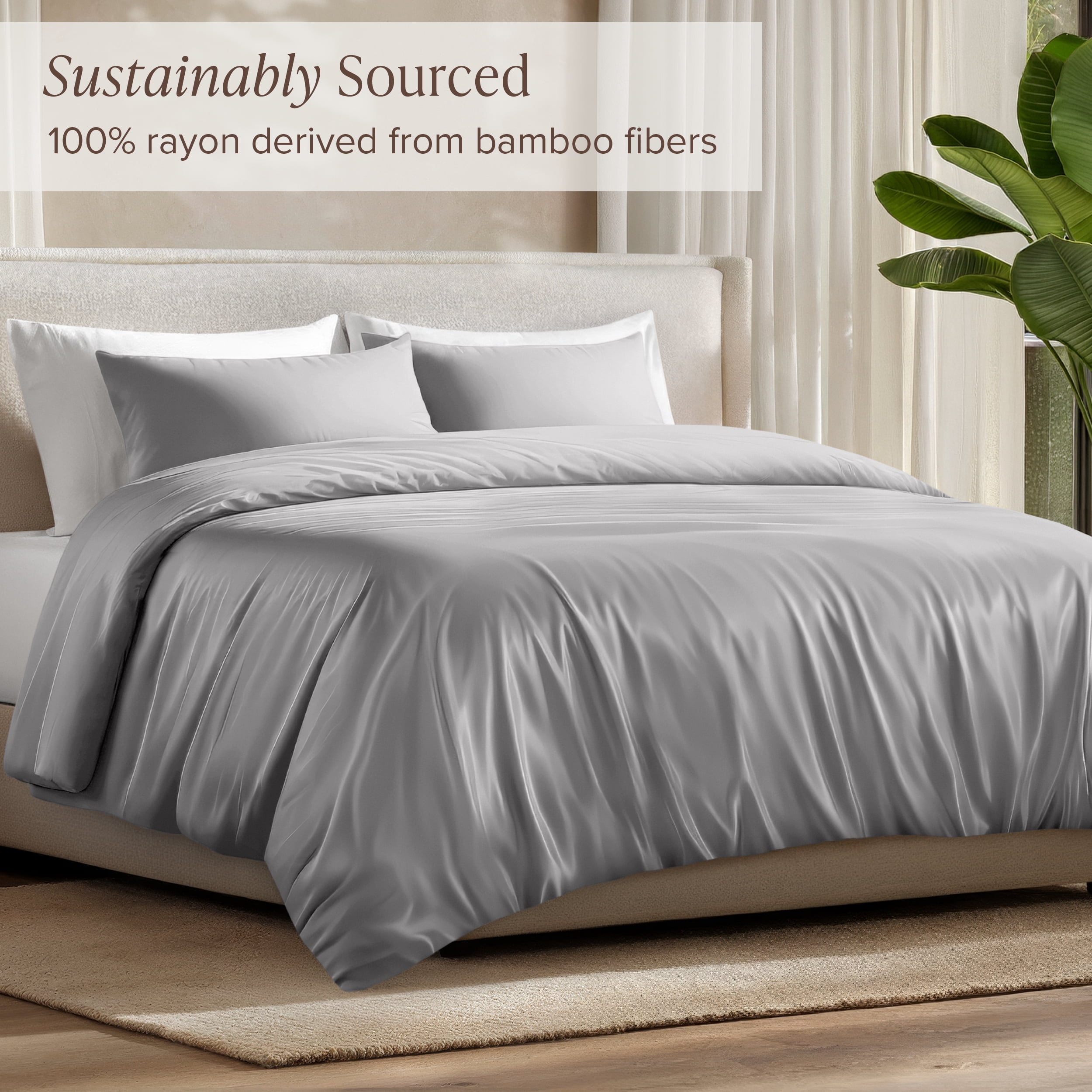 Bare Home Bamboo 2-Piece Duvet Cover Set - Made from Rayon Fibers - Soft, Cooling & Breathable - Twin/Twin-XL,Light Gray