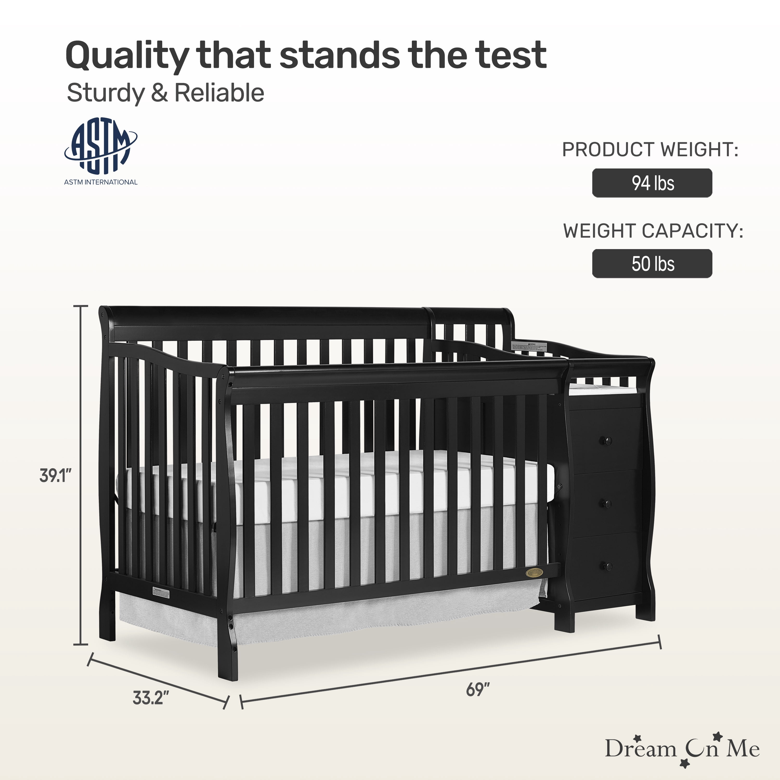 Dream On Me Brody 4-in-1 Fixed-Side Convertible Crib and Changing Table Combo, Black