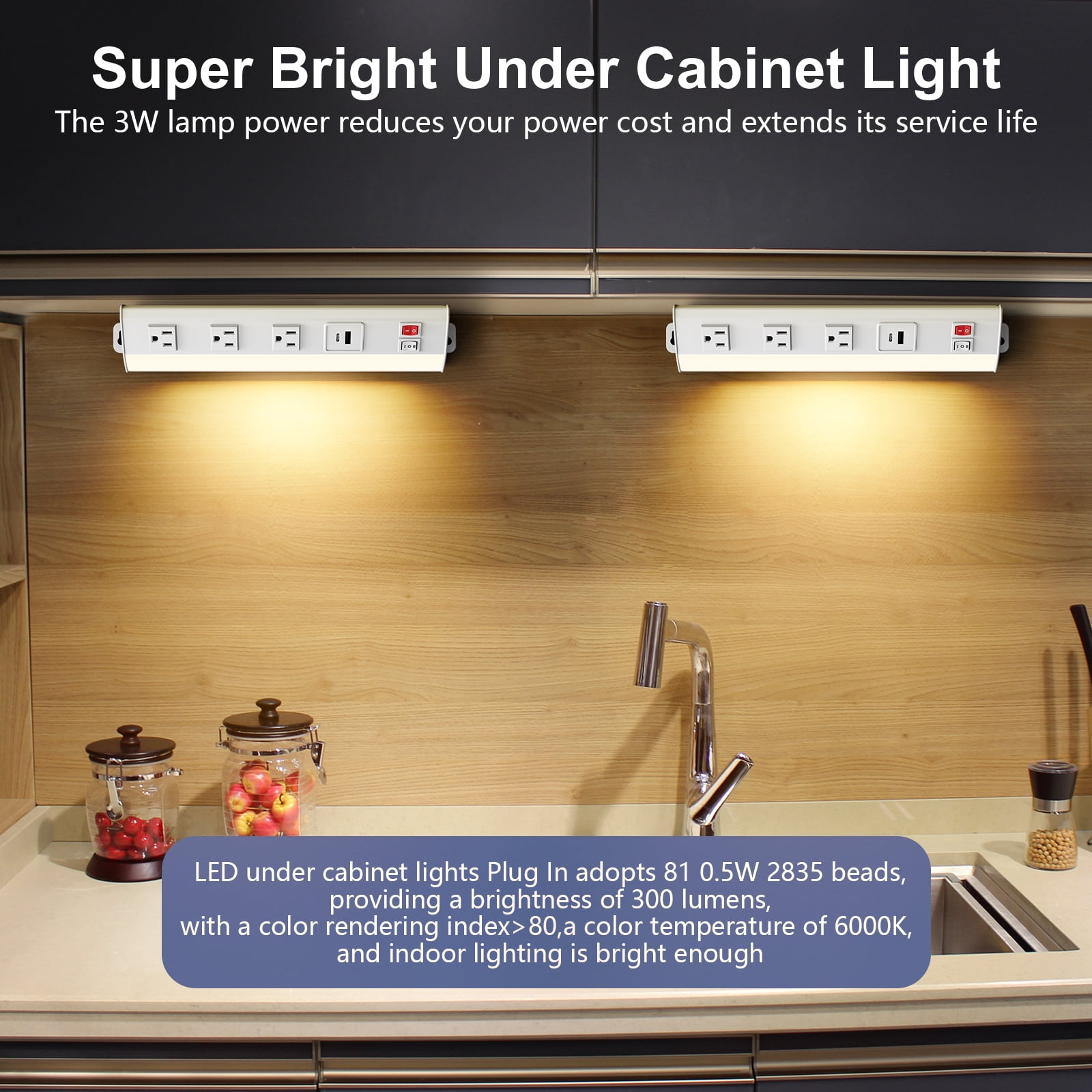 Multi-Functional Power Strip with Under Cabinet Lights Bar, 3 AC Outlets & 2 USB Ports Support USB/Type-C Fast Charging, Aluminum Shell & 2 CCT 3000K/6000K, Under Tool Cabinet Lights