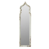 73 in. Fir Wood Floor Mirror with Ornate Sculpted Top, Weathered White
