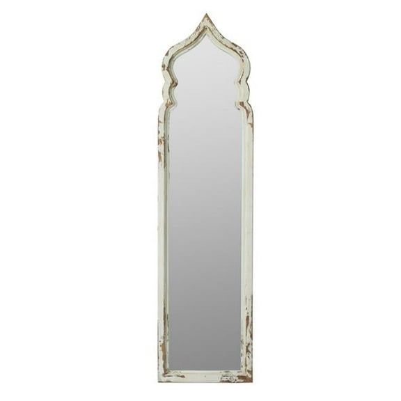 73 in. Fir Wood Floor Mirror with Ornate Sculpted Top, Weathered White