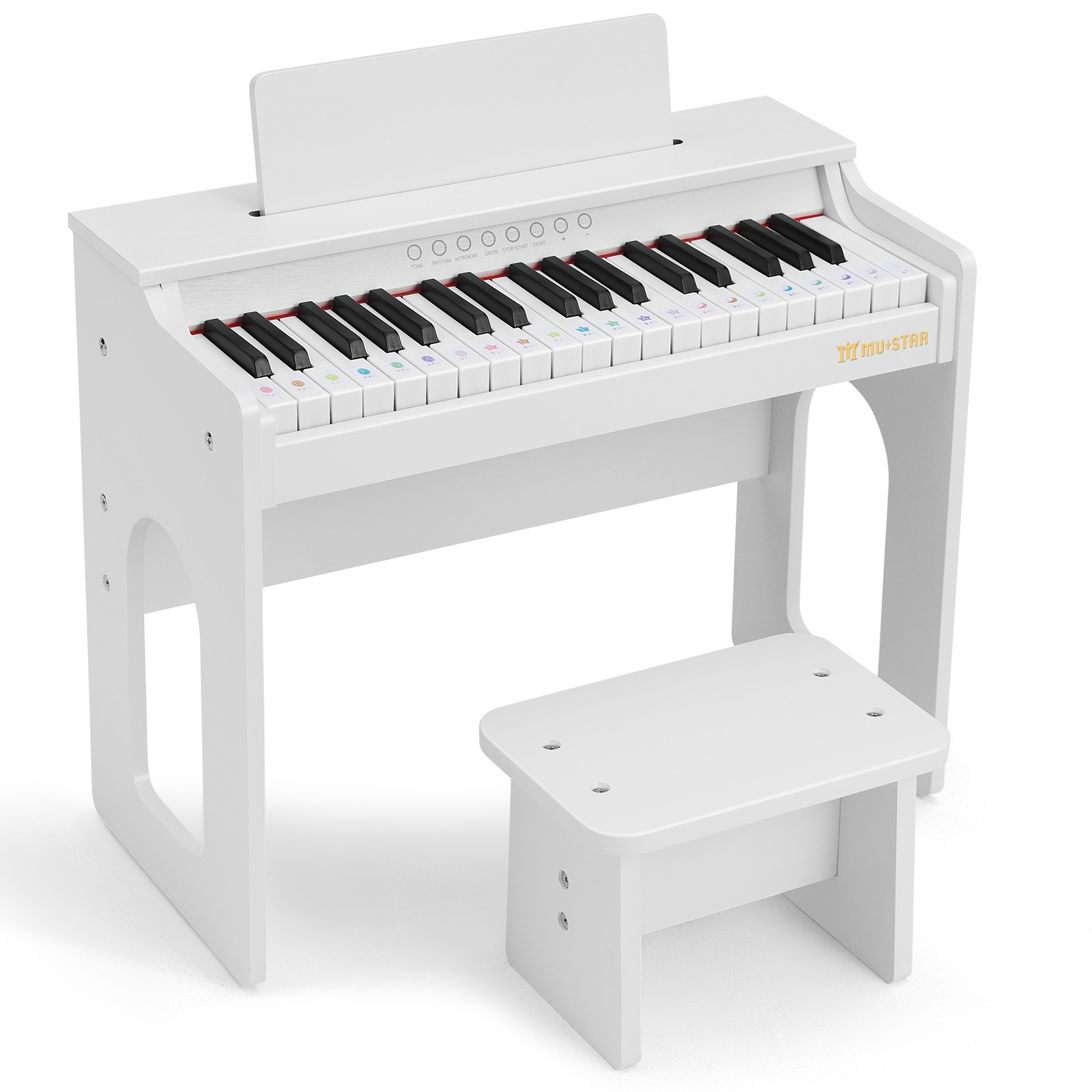 Mustar 37 Keys Kids Wooden Electronic Digital Piano Keyboard with Stool, Songbook, DIY Stickers (White)