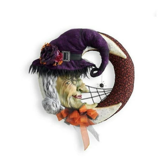 Halloween Witch Moon Wreath Decor Throw Pillow Charm, Halloween Witch Decoration,Halloween Artificial Hanging Decor ,11.8 Inch Halloween Wreath for Front Door Indoor Outdoor Halloween Decor
