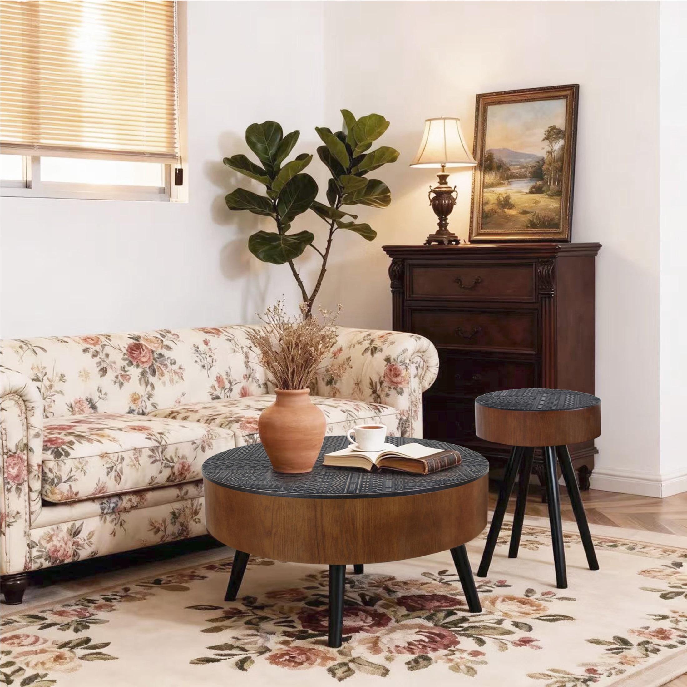 Noble House Tappen 31.5" Round Coffee Table with Engraved Top, American Wood Side Table for Small Spaces, Brown