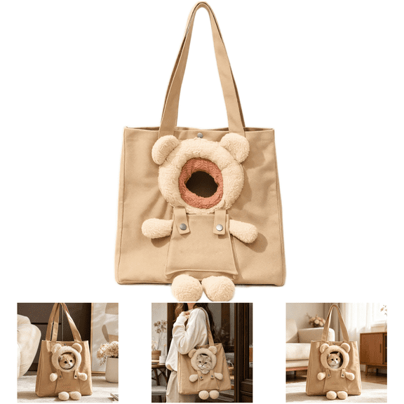 Cute Bear Pet Carrier Tote Bag, Cat Carrier Pouch Puppy Carrier Bag for Small Dogs 0-14 lbs, Canvas Pet Handbag with Peek Hole for Outdoor Walking & Vet Visits, 1PC Khaki
