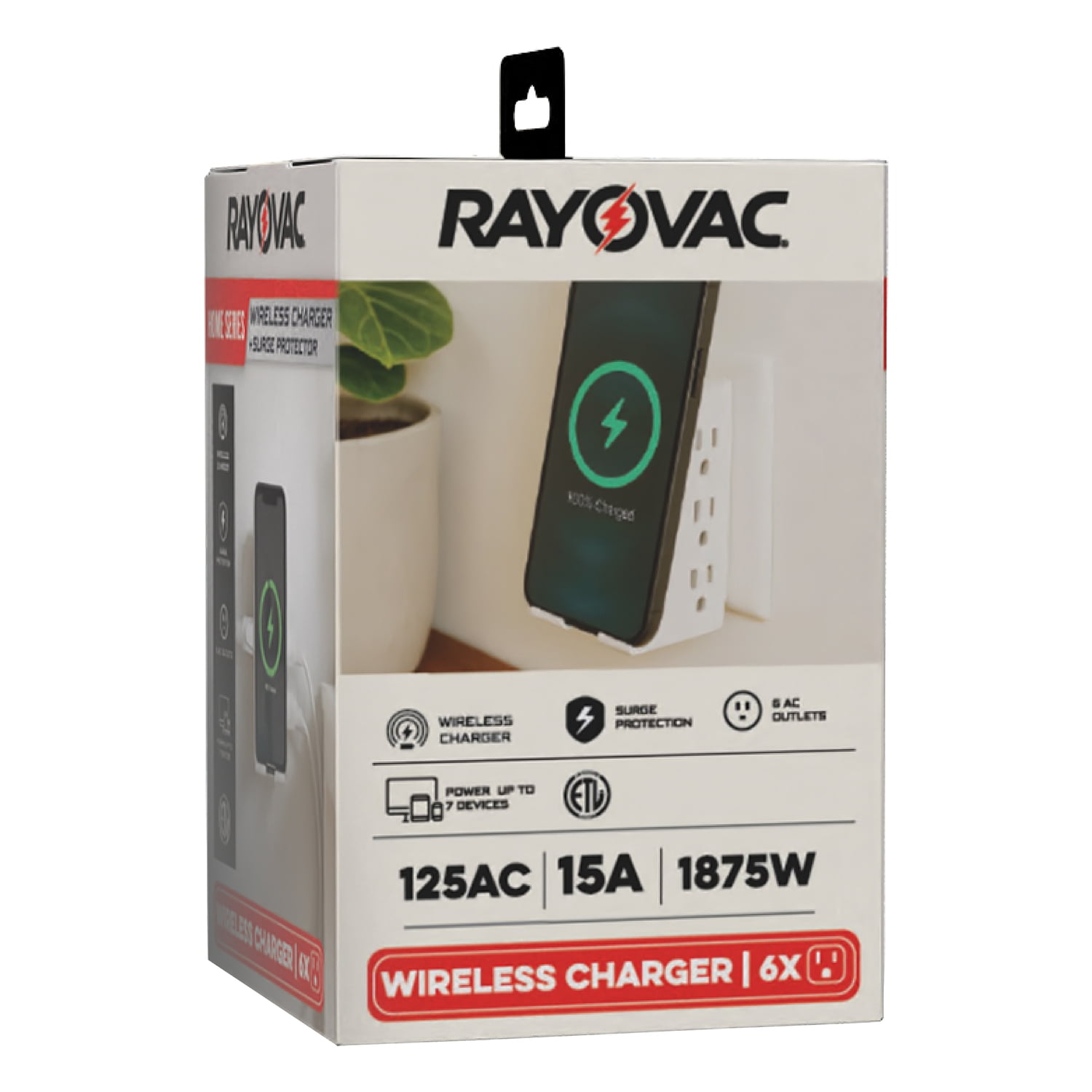 RAYOVAC 6-AC Outlet 540-Joules Surge Protector Wall Tap with Wireless Charging Phone Holder, SS-Q615
