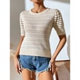 thumbnail image 2 of Blusa ahuecada de punto Cuello redondo Manga corta abullonada Ajuste casual Blusa ahuecada de color puro Albaricoque L, 2 of 8