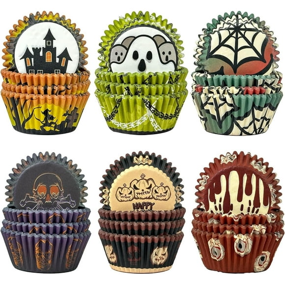 shiyou-Halloween Standard Cupcake Liners Cupcake Cups 300-Count Food Grade 6 Original Design Halloween Cobweb Cupcake Papers Baking Cups Cupcake Wrappers(Standard Size)