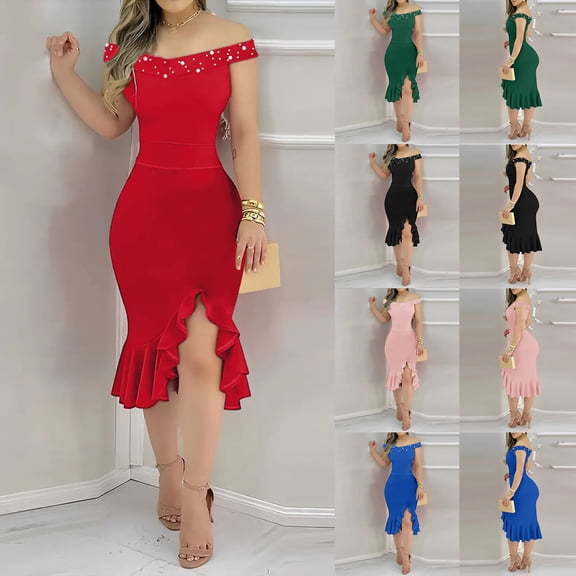 THDHVS Wedding Guest Dress,Plus Size Cocktail Dress,Women Off Shoulder Bodycon Dress Pearl Detail High Slit Ruffle Hem Solid Color Black
