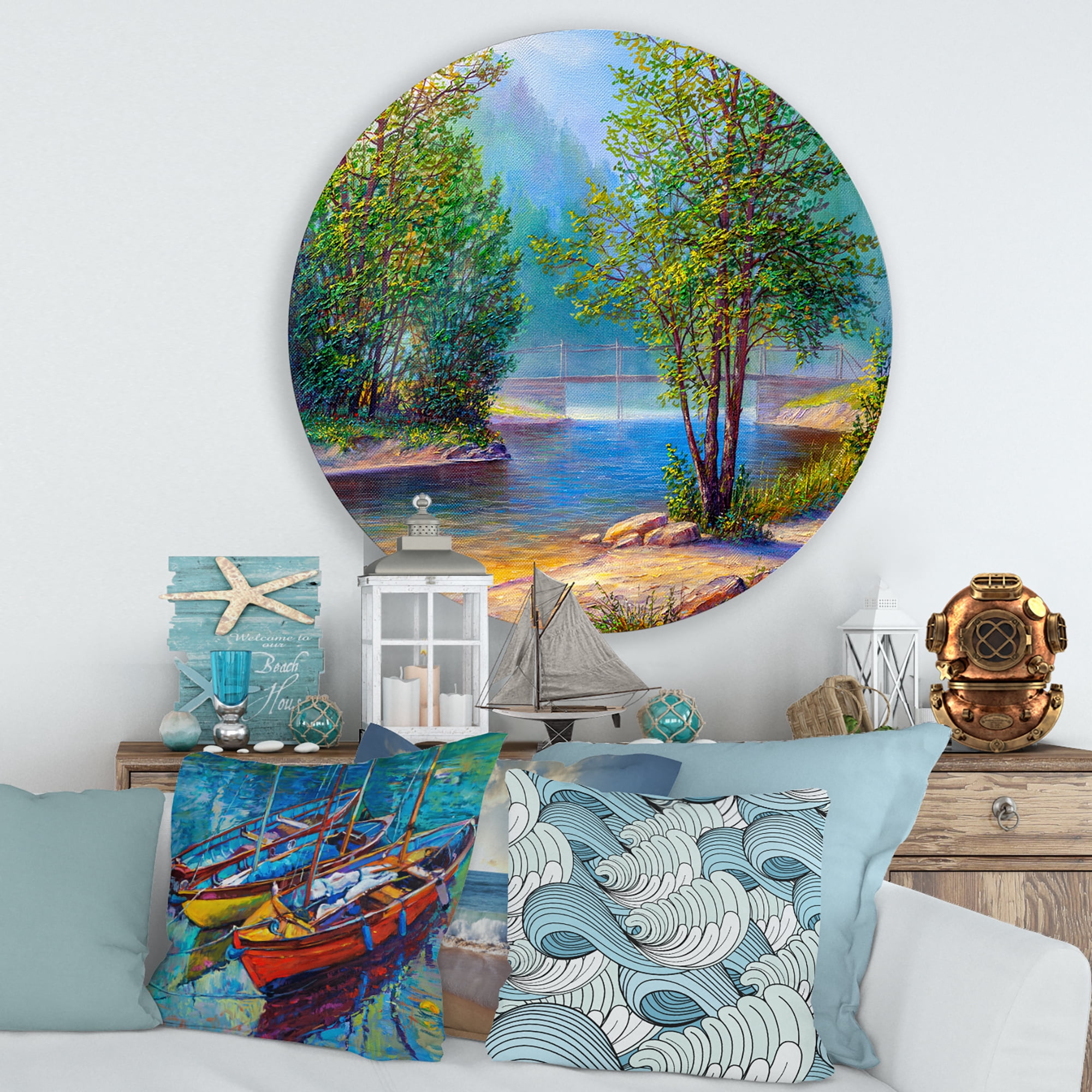 Designart 'Green Trees By The Bridge Over River' Traditional Circle Metal Wall Art 29x29 - Disc of 29