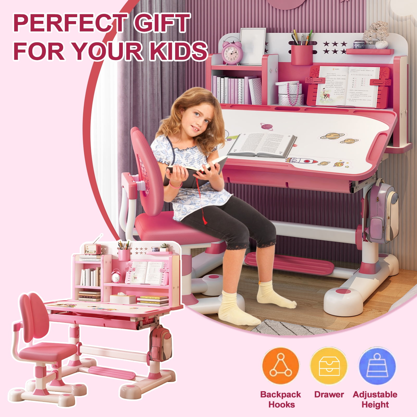 Thehsnt Kids Study Desk Chair Set, Height Adjustable Children School Study Table Chair Set with Sitting Corrector, Ergonomic Desk Chair with Book Stand, Foot Pedal