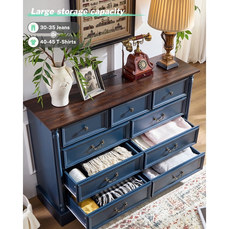 9 Drawers Dresser, 54" Wide Farmhouse Chest of Drawers with Charging Station, Refined Blue Finish Design, Modern Storage Dressers Organizer TV Stand for Bedroom, Living Room, Hallway, Indigo Blue - Walmart.com 9 Drawers Dresser, 54" Wide Farmhouse Chest of Drawers with Charging Station, Refined Blue Finish Design, Modern Storage Dressers Organizer TV Stand for Bedroom, Living Room, Hallway, Indigo Blue - Walmart.com