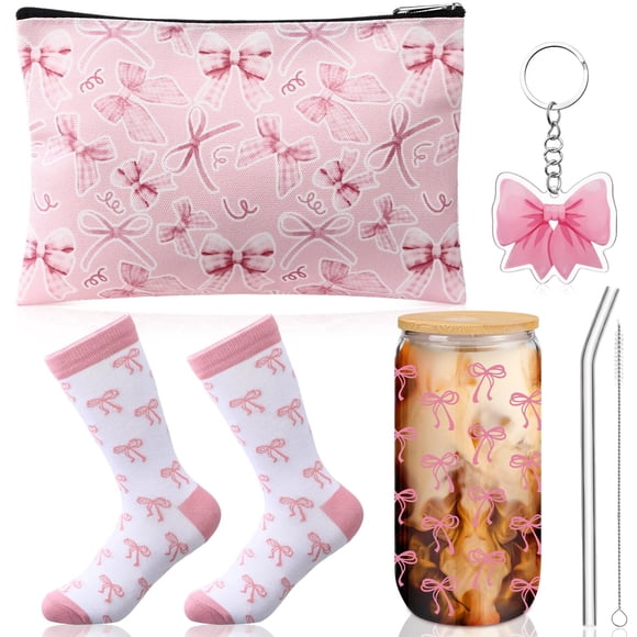 Set de regalo Boao con lazo rosa, copa de cristal, calcetines, bolsa de cosméticos, llavero