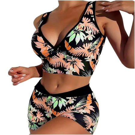 Holiday Deals Yievot Women s Bikini Sets 2024 High Waisted Floral Print Two Piece Swimsuit V Neck Cheeky High Cut Boho Bathing Suits Swimwear on Clearance