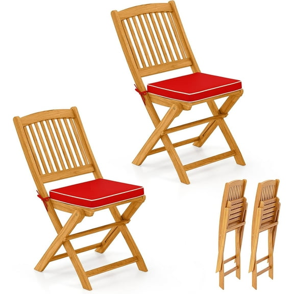 QISHENSHUI 2 Pieces Folding Outdoor Dining Chairs, Acacia Wood Patio Chairs with Soft Cushions, Slatted Backrests and Seats, Outdoor Chairs for Porch, Balcony, Deck and Yard (One-Size,Red,2)