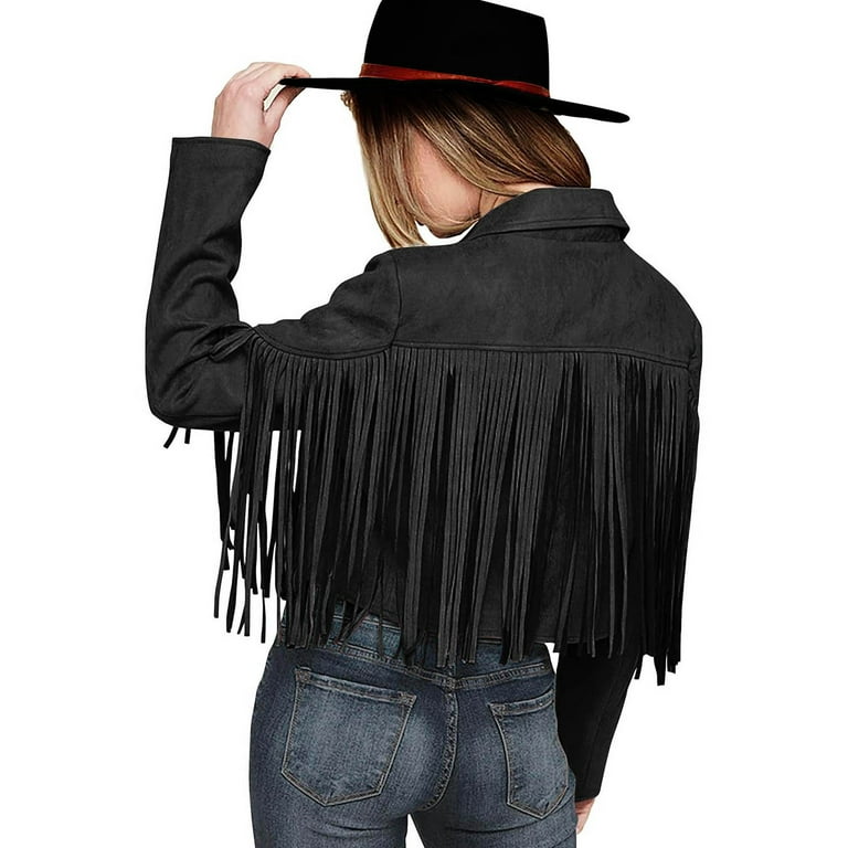Jackets for Women Suede Leather Fringe Long Sleeve Cropped Jacket