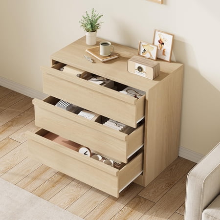 Modern 3-Drawer Dresser for Bedroom – Natural Oak Wood bedside table with Large Storage Sturdy Bedside End Table for Living Room Nursery Entryway – Wood Color 3-Drawer Chest