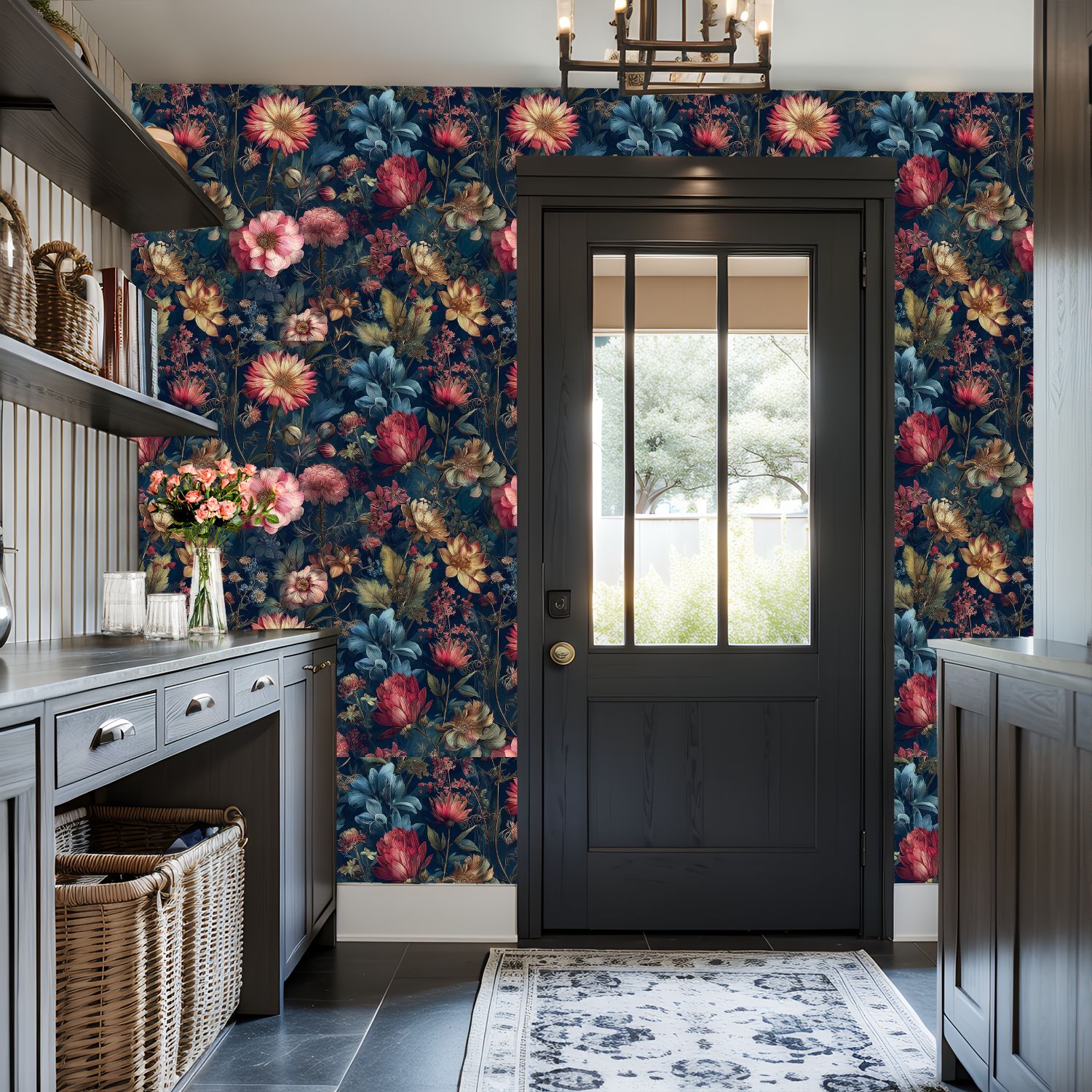Peel and Stick Wallpaper 17.7in x 9.8ft Floral Botanical Vibrant Pink Red Yellow Blooms Dark Blue Contact Paper Vinyl Self-Adhesive Removable Wall Paper for Bedroom DIY Home Decor Renter Friendly