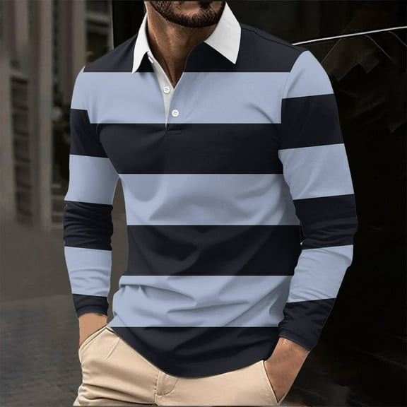 Fnnxeal Men's 2XL Black Long Sleeve Striped Polo Shirt - 95% Polyester 5% Spandex, Stretchable Wrinkle-Resistant, Smart-Casual for Daily/Work/Outdoor