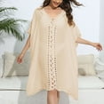 thumbnail image 5 of Lovskoo 2024 Swimsuit Coverup for Women Short Sleeve Bathing Suit Bikini Tassels Beach Crochet Loose Hollow Out Coverup Skirt Beige Free Size, 5 of 7