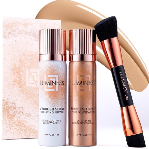 LUMINESS Trousse de Départ de Fond de Teint en Soie à Pulvérisation Aérographe - Clair Moyen - Fond de Teint, Apprêt et Brosse de Polissage Inclinée Double Face - Couvrance Moyenne, Modulable, Formule Anti-âge