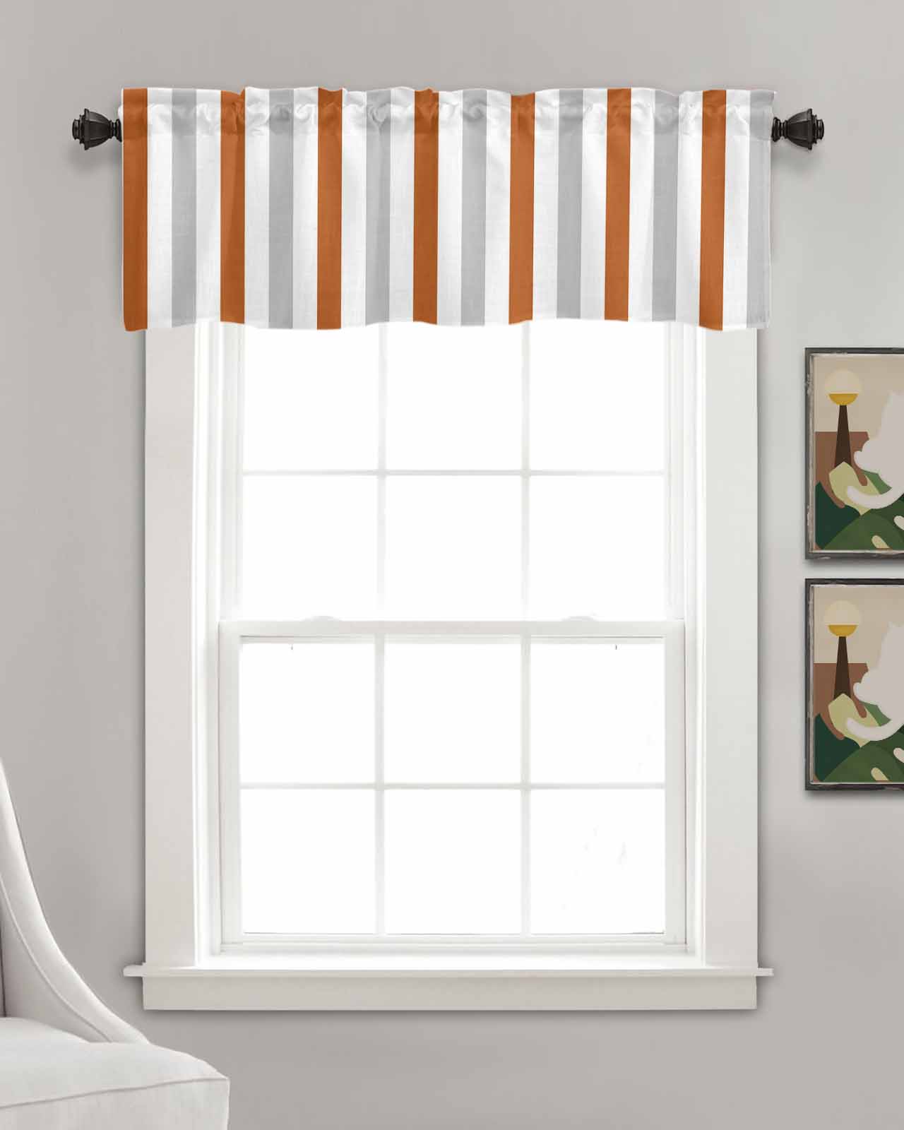 Burnt Orange Gray Striped Kitchen Valances for Windows Farmhouse Linen Window Valance Curtain for Living Room Window Treatment Farmhouse Stripe Art Valance Rod Pocket Topper Drape, 54 x 18 Inch