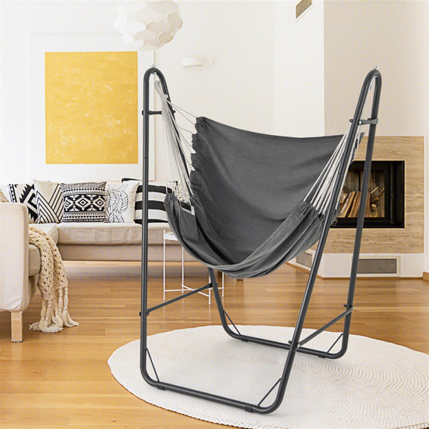 Demi Bonn Hammock Chair, Chaises with Heavy Duty Metal Frame and Side Pocket, Suitable for Home, Living Room and Bedroom, Gray