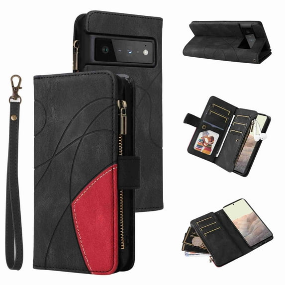 Zipper Wallet Case for Google Pixel 6 Pro Large Capacity Card Slots Holder Magnetic Clasp Cover, Luxury PU Leather Anti-Shock Flip Folio Case with Kickstand Wrist Strap Handbag Protective Case,Black