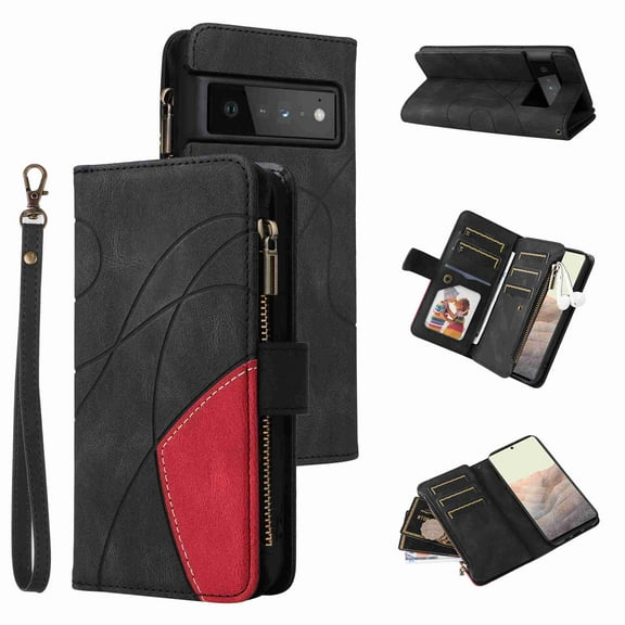 Zipper Wallet Case for Google Pixel 6 Pro Large Capacity Card Slots Holder Magnetic Clasp Cover, Luxury PU Leather Anti-Shock Flip Folio Case with Kickstand Wrist Strap Handbag Protective Case,Black