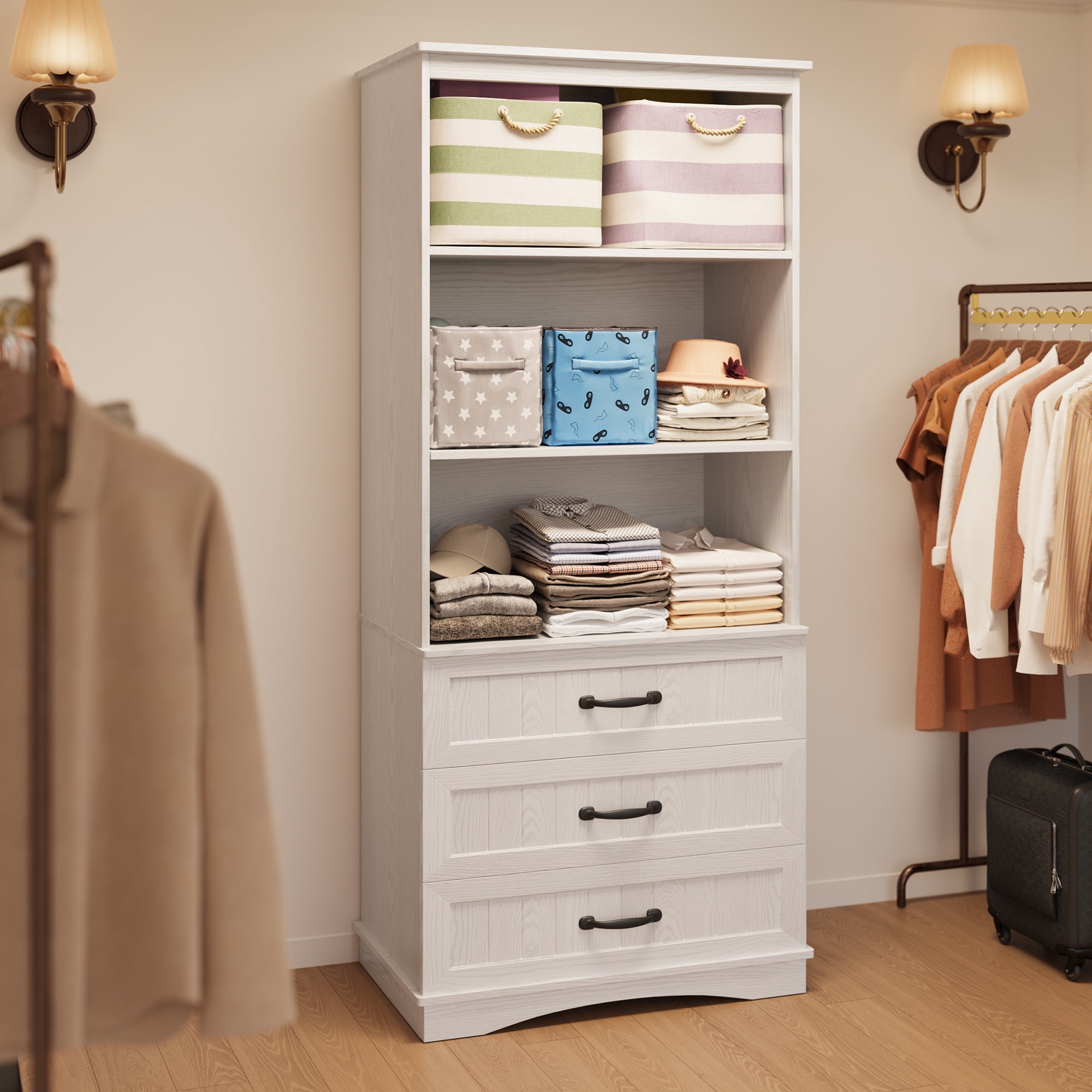 Asofer 69.7" Tall White Bookcase with 3 Drawers, Storage Cabinet for Office, Living Room, Bedroom