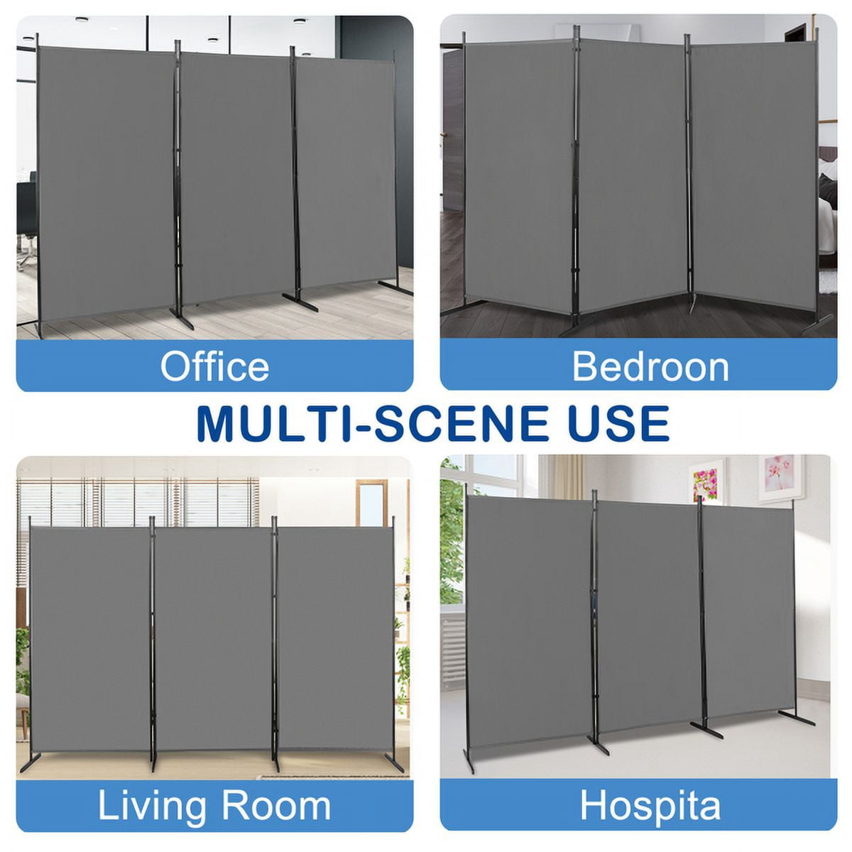 Alvantor 6 ft 3-Panel Room Divider, 102.8 in Wide Foldable Polyester Fabric with Carbon Steel Frame, Gray