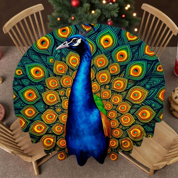 RKSupls 60 Inch Round Tablecloth, Colorful Peacock Feather Polyester Table Cover - Soft, Stain Resistant & Washable Decor for Wedding, Party, Holiday, Home Dining