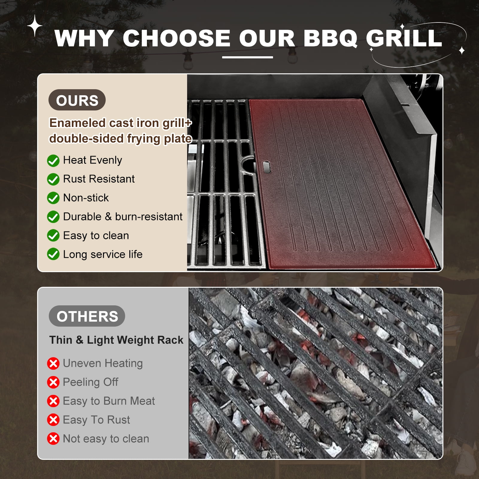 Nice Cooker Gas and Charcoal Combo Grill with Side Burner, 37,230 BTU Outdoor BBQ Grill with Porcelain-Enameled Cast Iron Grates and Plate, Thermometer, Storage Cabinet Rack for Outdoor Patio, Garden