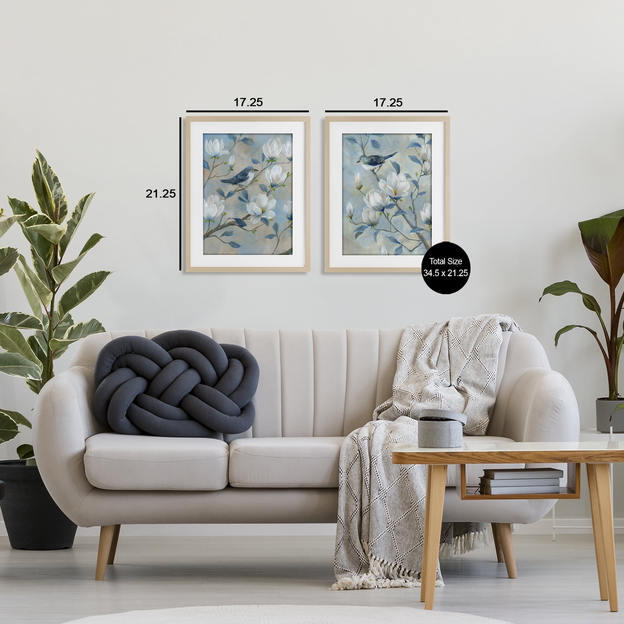 Stupell Industries Blue Birds in Magnolia Tree 2 Piece Birch Framed Print Under Glass Set, design by Nan
