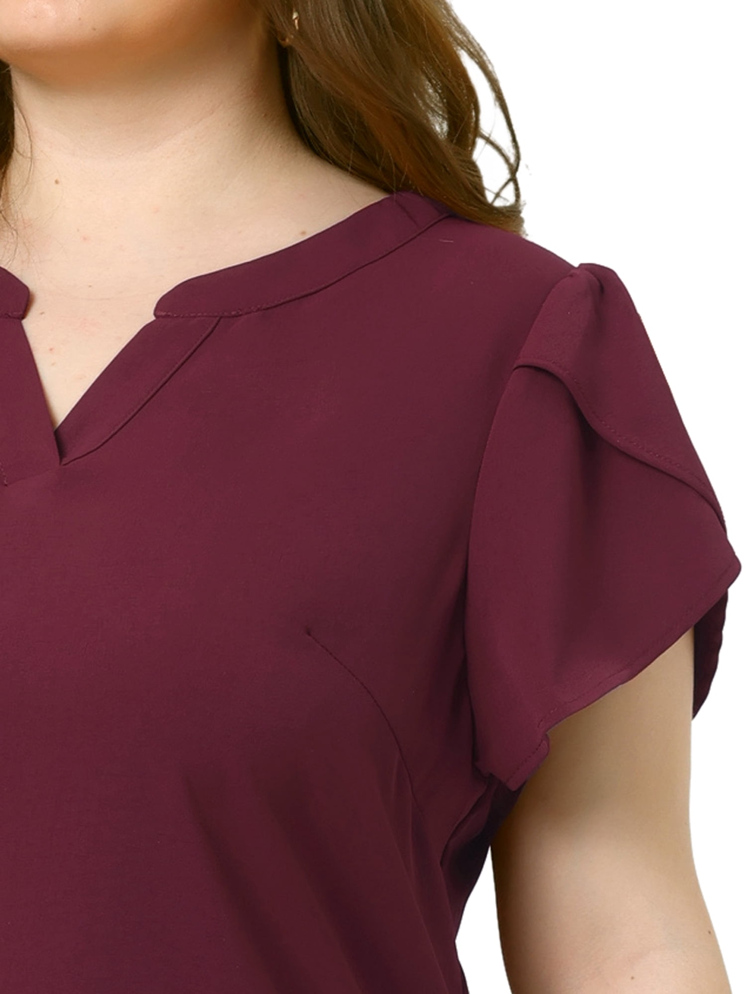 Women's Plus Blouses Notched V Neck Short Petal Sleeve Shirts Casual Dressy Tops 4X Burgundy