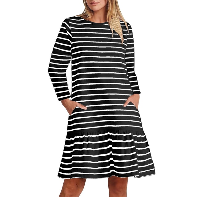 cfhntfmh Robes de Détente pour Femmes Imprimé Décontracté Manches Longues Col Rond Robe Midi avec Poches Automne Ourlet à Volants Robe de Plage