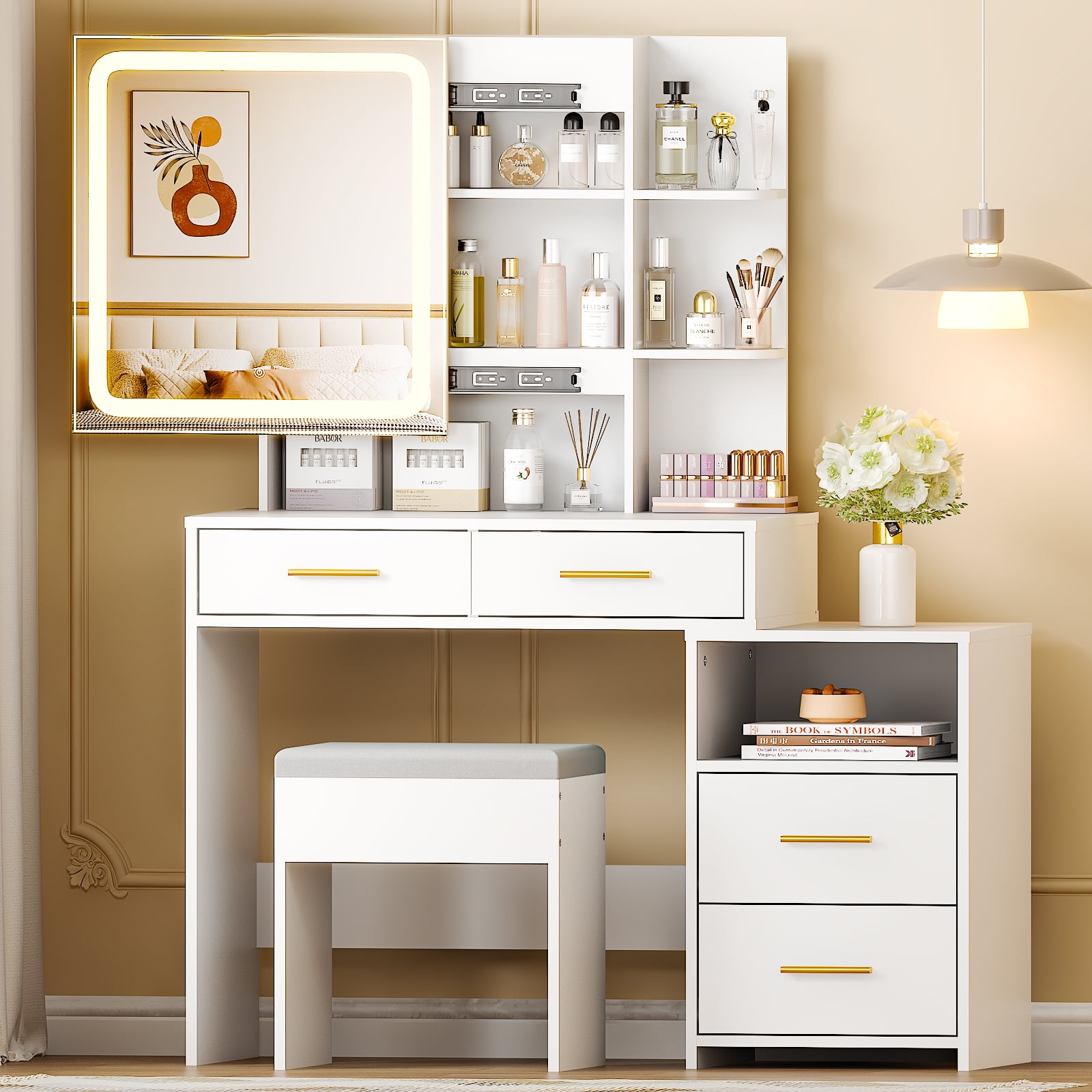 Ktaxon Lighted Makeup Vanity Table Set, Dressing Table with Sliding Mirror, Vanity Desk , White