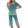 thumbnail image 1 of Liquidation d'Été Iumwxz Pyjamas Rétro Confortables Ensembles d'Été pour Femmes à Rayures Graphiques Col en V Manches Courtes Taille Élastique Ensembles Capri pour Femmes Mariage Fête, 1 of 5