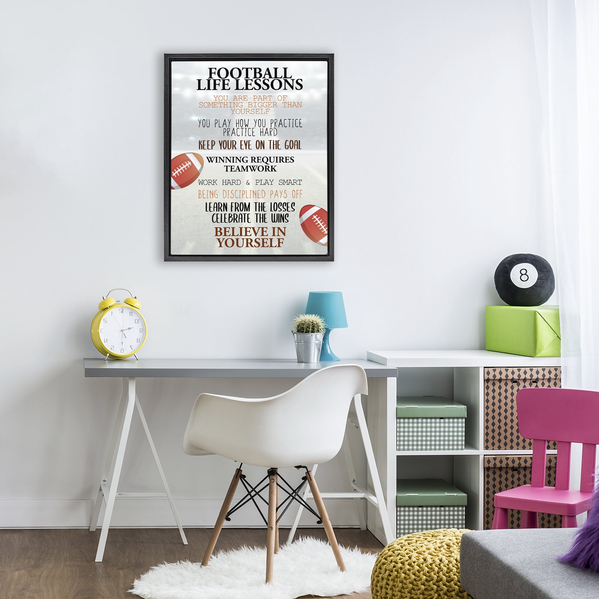 Football Life Lessons Black Framed Floater Canvas Wall Art, design by Kim Allen