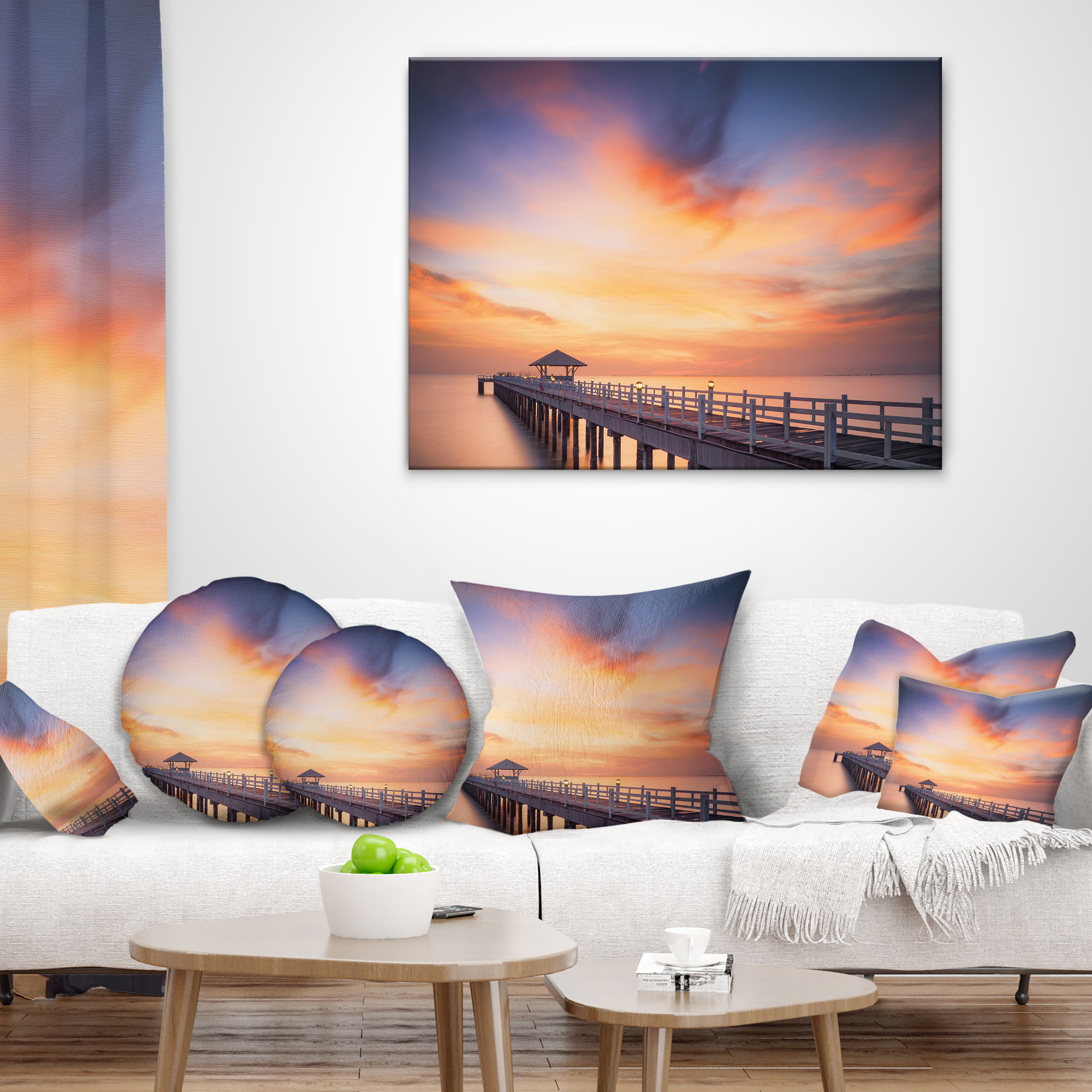 Designart Infinite Wooden Bridge under Clouds - Sea Bridge Throw Pillow - 12x20