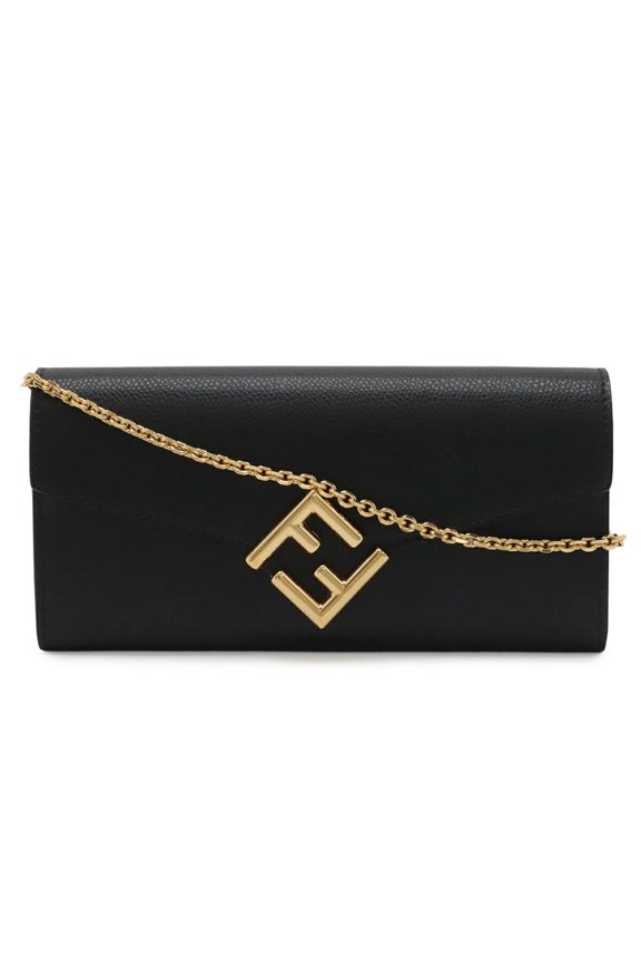 Pre-Owned FENDI FF Diamond Wallet Chain Long Clutch Bag Pouch Leather Black 8M0365